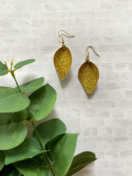 Gold Sparkle Pinched Leaf Earrings