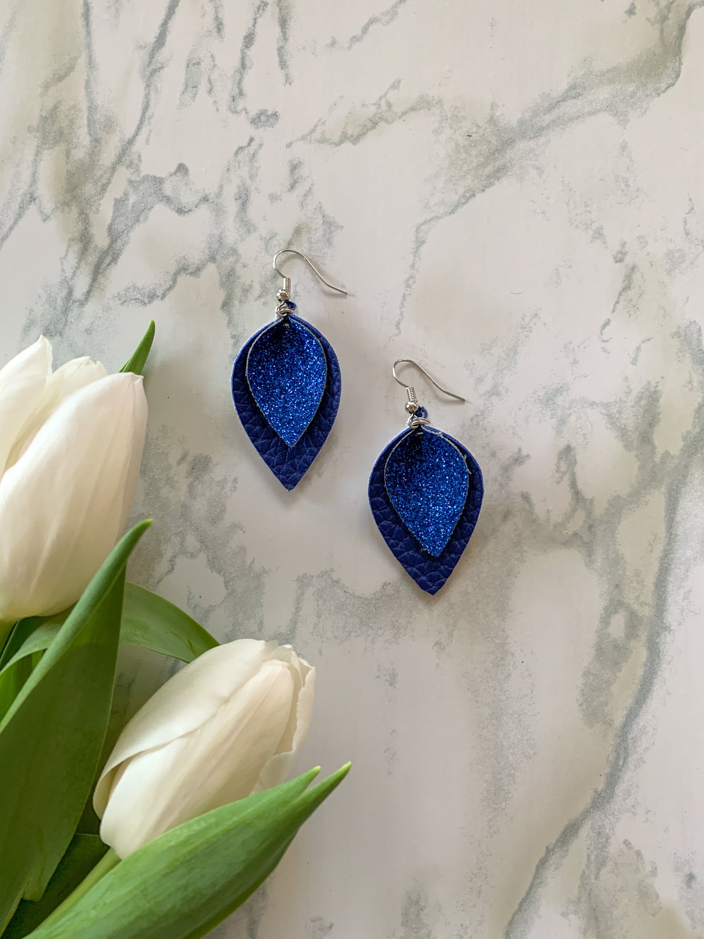 Blue Sparkle Pinched Leaf Earrings